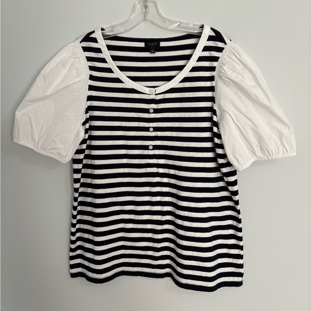 Talbots Black White Cotton Striped Short Puff Sleeve Scoop Neck Chic Blouse 1X